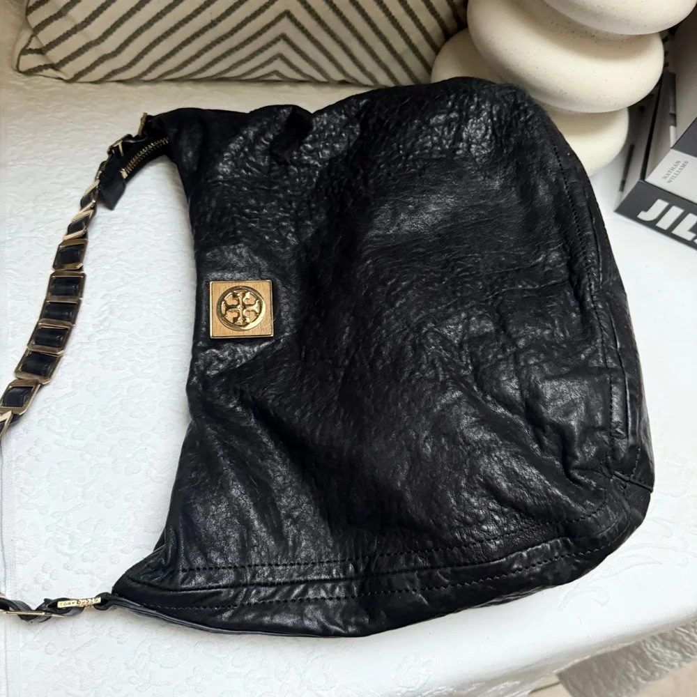 Tory Burch Black Leather Hobo with Gold Chain Detail